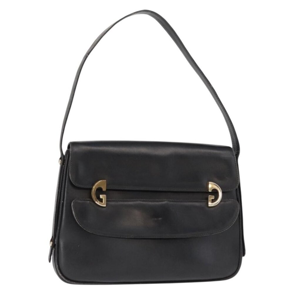 Authentic GUCCI Shoulder Bag Leather Black Gold